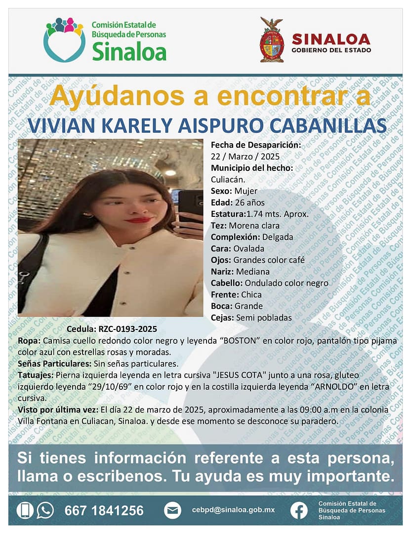 Desaparece la joven Vivian Karely Aispuro Cabanillas en Culiacán, Sinaloa #ALERTAAMBER